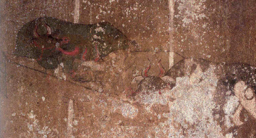 무용총 벽화에 그려진 우차(牛車). 고구려에서 소는 축력과 고기를 제공하는 고마운 가축이었다.(출처: 국립중앙박물관)